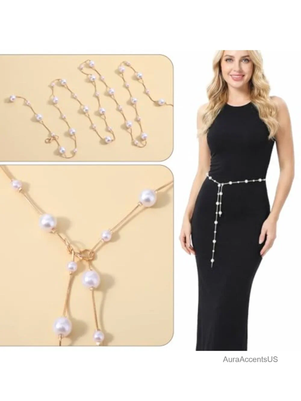 Adjustable Pearl Chain Belt with Gold Retro Tassel for Dresses